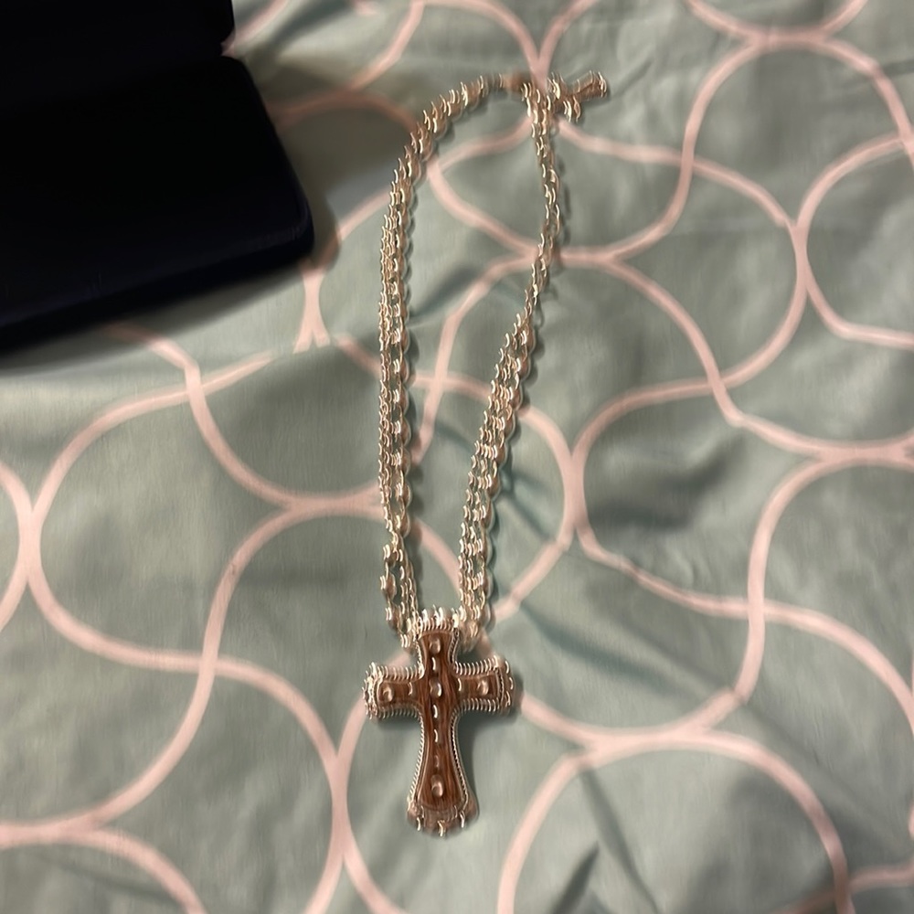 Montana Silversmiths across Necklace. Cross has cowhide & stones.